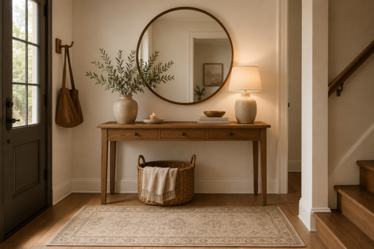 Warm neutral entryway with a wooden console table, round mirror, woven basket, soft lighting, and timeless home decor details.