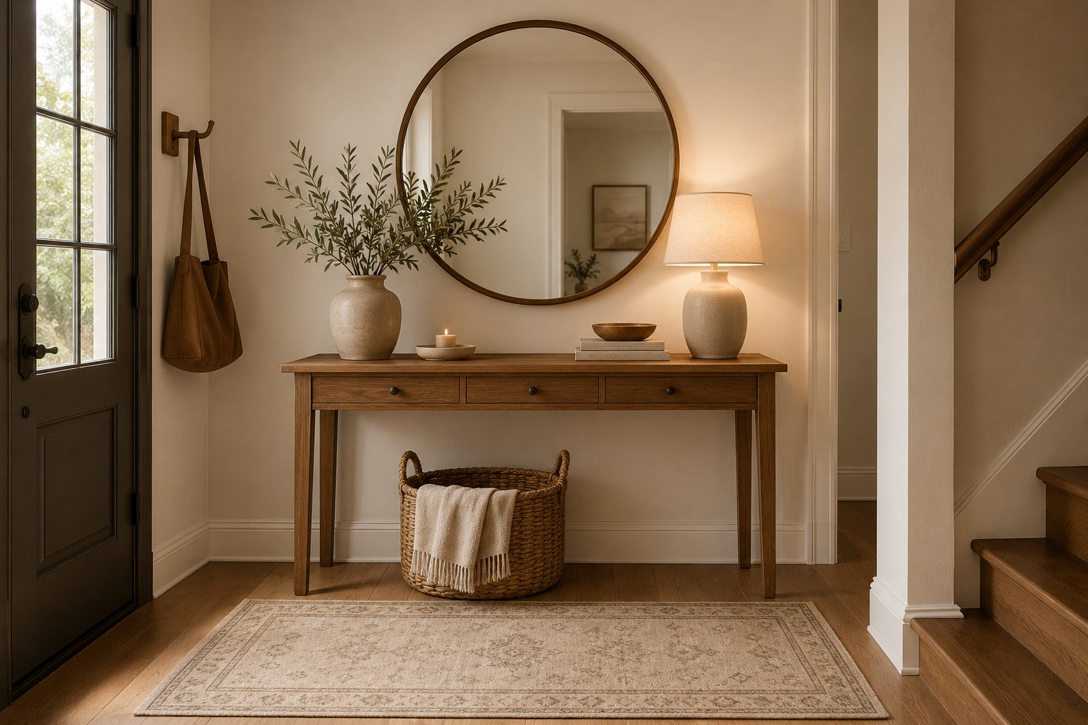Warm neutral entryway with a wooden console table, round mirror, woven basket, soft lighting, and timeless home decor details.