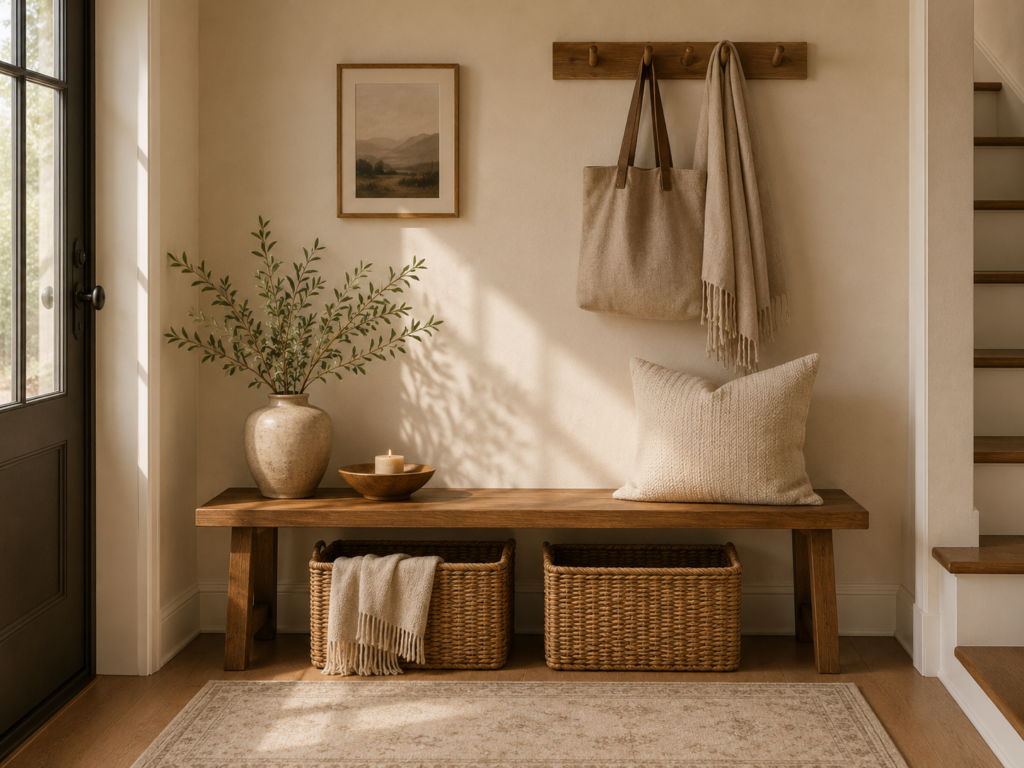 Warm entryway bench with woven baskets, wall hooks, neutral pillow, soft rug, and natural light.