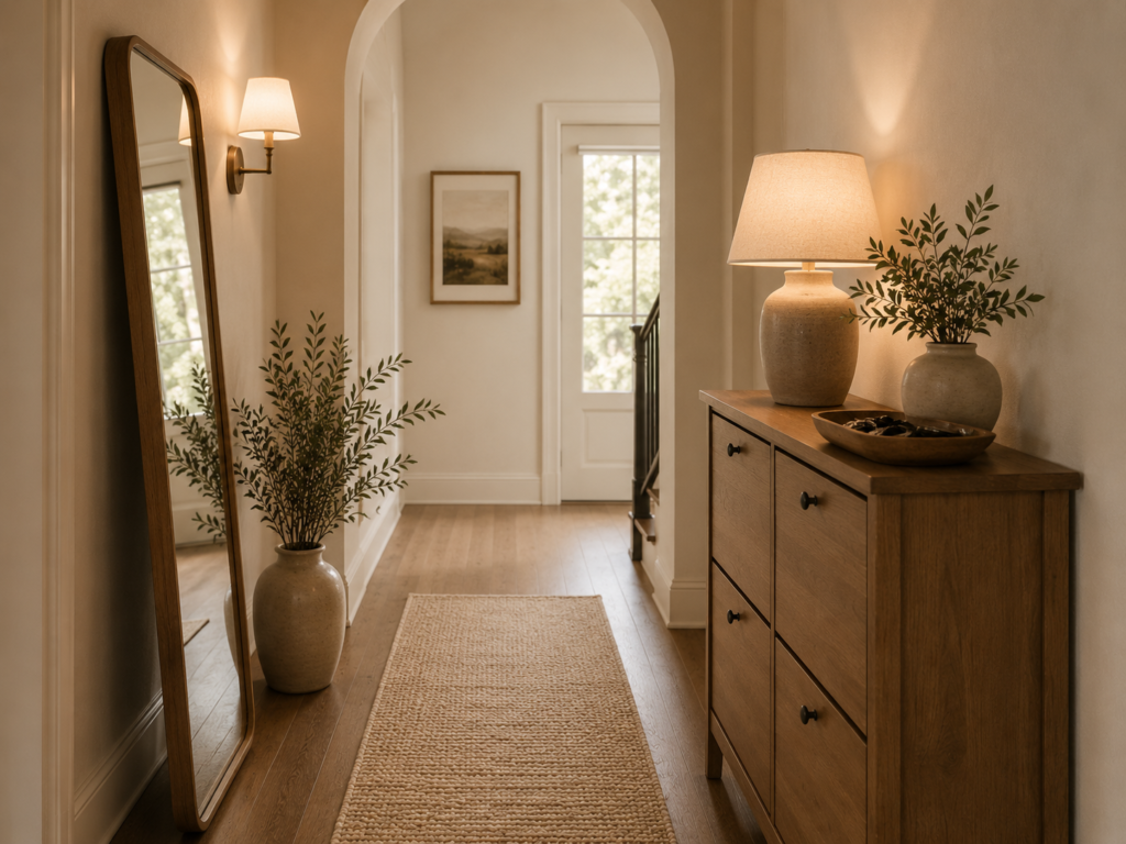 Minimal warm hallway with a neutral runner rug, wooden furniture, soft lighting, mirror, and calm entryway styling.
