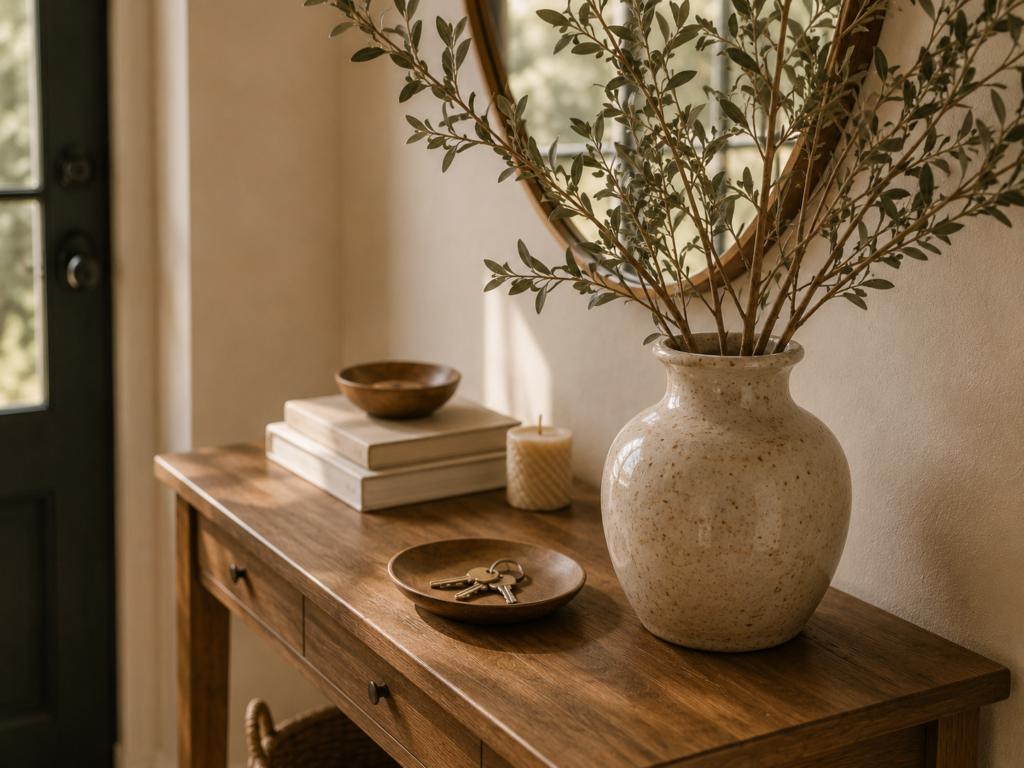 Ceramic vase with dried stems and a small catchall tray on a warm wooden entryway console table.