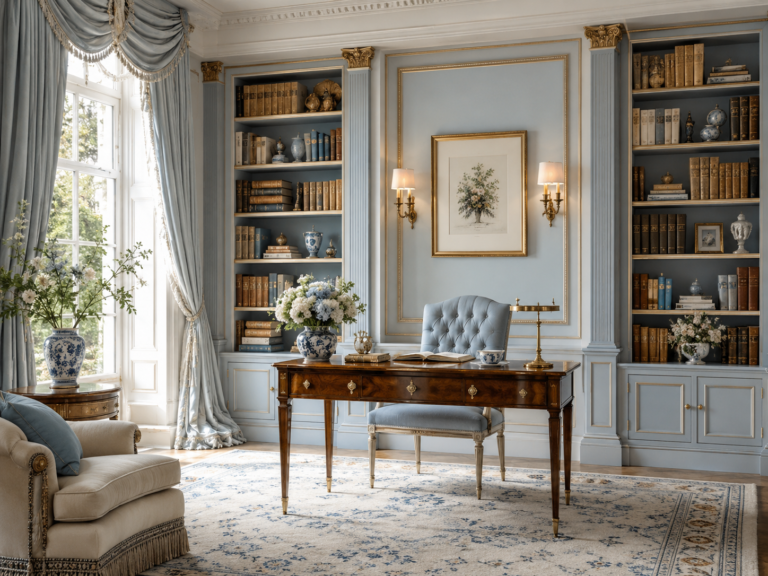 How to Create a Bridgerton-Inspired Home Office with a Library